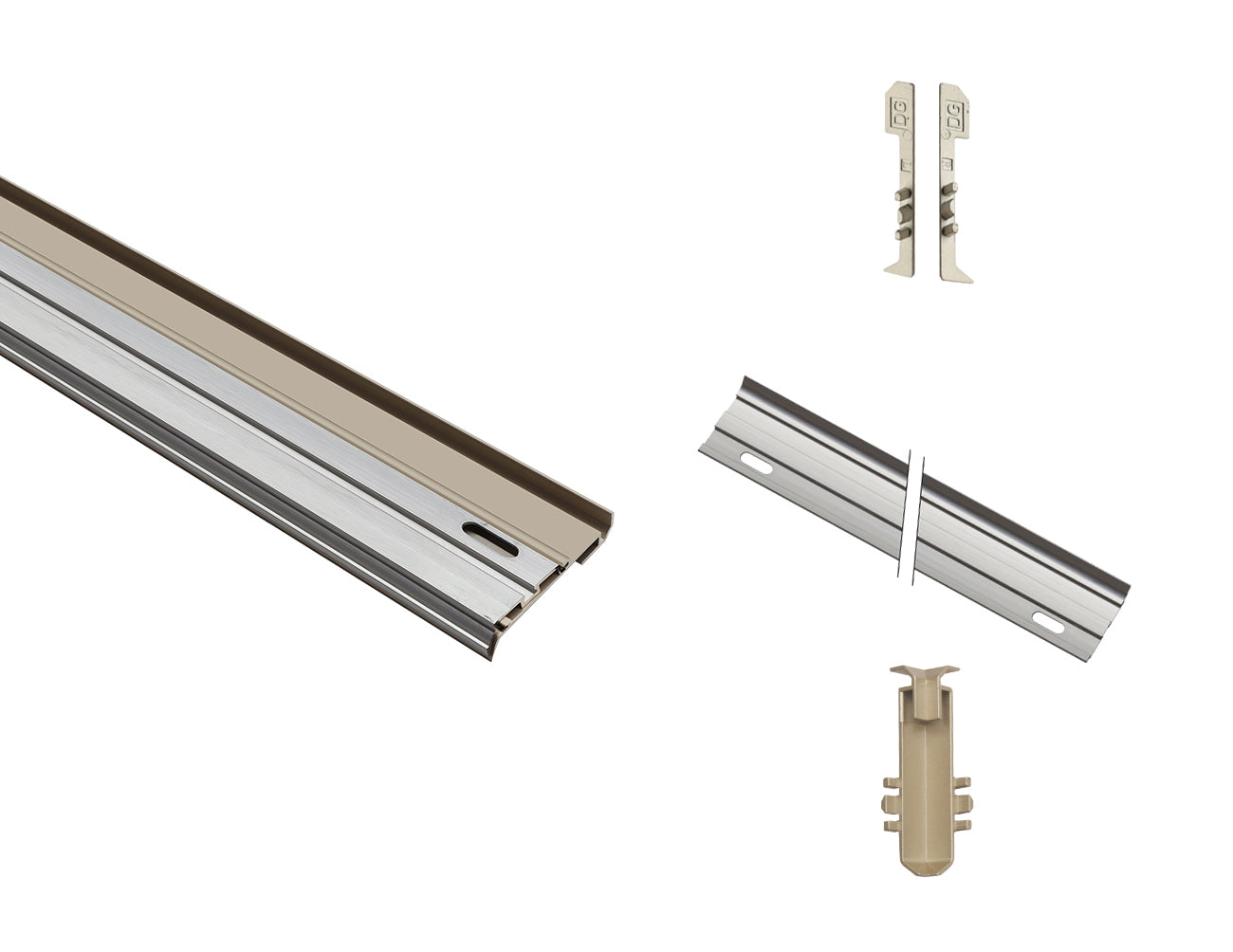 Detail view of beige shallow skirt aluminum baseboard LED housing