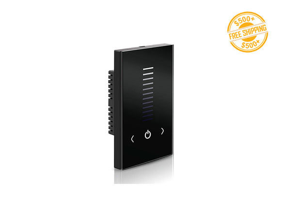 Front view of a black color SIM Wall Mount Dimmer 1 Zone; a label of free shipping for orders over $500 is shown as well.