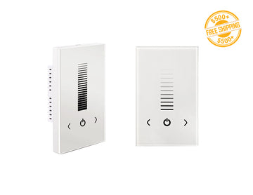 Front view of a white color SIM Wall Mount Dimmer 1 Zone; a label of free shipping for orders over $500 is shown as well.