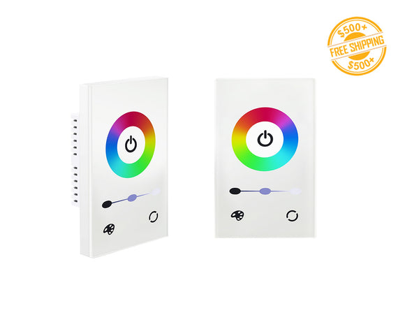 Front view of a white color SIM Wall Mount RGB Controller 1 Zone; a label of free shipping for orders over $500 is shown as well.
