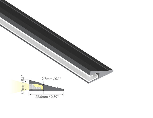 Cross section of slim triangular black aluminum LED channel for indirect lighting, compatible with 5mm LED strip installation
