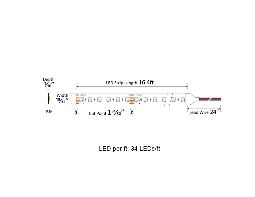 Dimensions for the Super Bright Series 24VDC low voltage RGB LED strip lights.