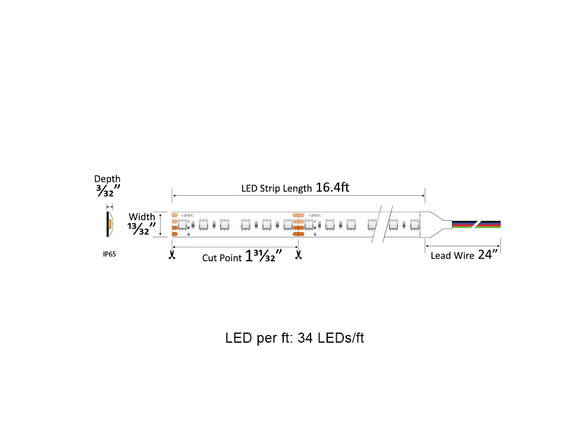 Dimensions for the Super Bright RGB LED Strip Light Series 24VDC low voltage wet rated IP65 lights.