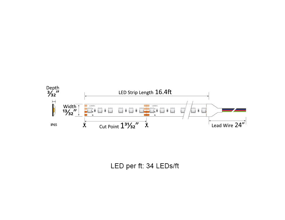 Dimensions for the Super Bright RGB LED Strip Light Series 24VDC low voltage wet rated IP65 lights.