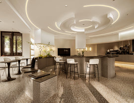 Side Bend neon light installed in a curved pattern on the living room ceiling, adding modern ambiance with smooth architectural lighting.