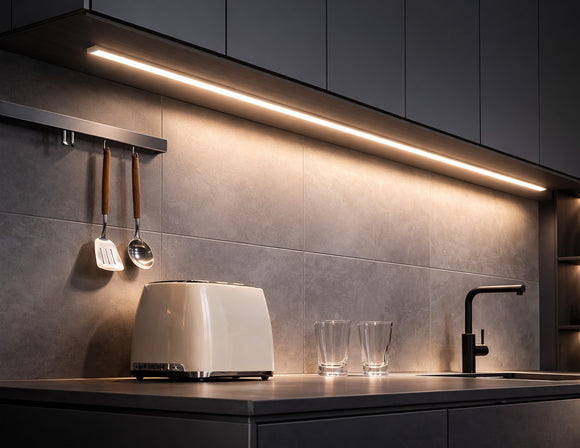 Surface mount aluminum undercabinet LED strip light installed under kitchen cabinets, providing warm linear task lighting for architectural cabinet applications.