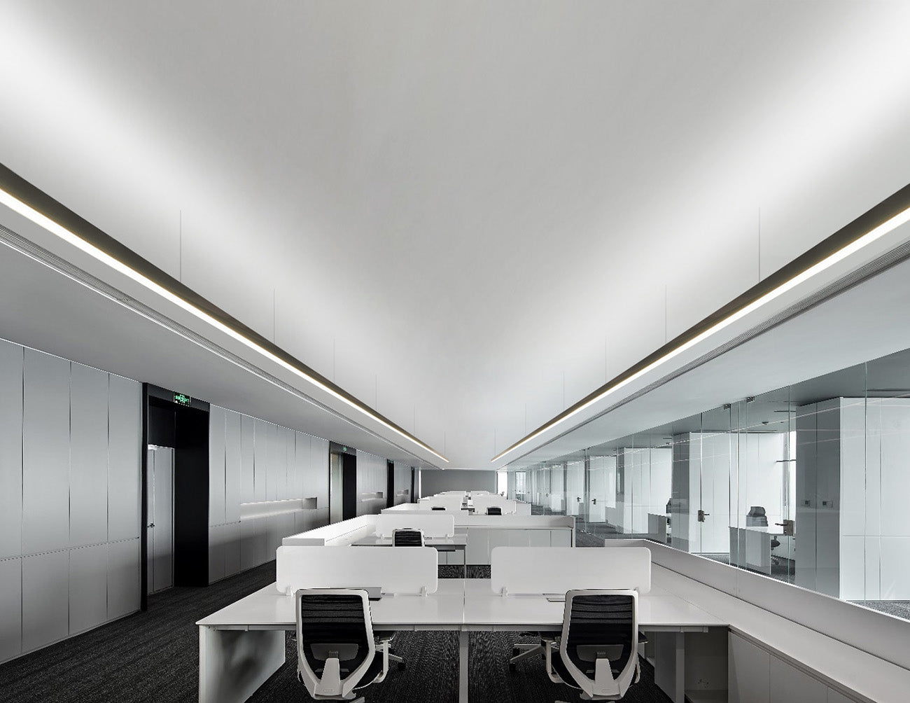 Office ceiling lighting with suspended L8070 LED and no glare lens, effectively reducing visual fatigue