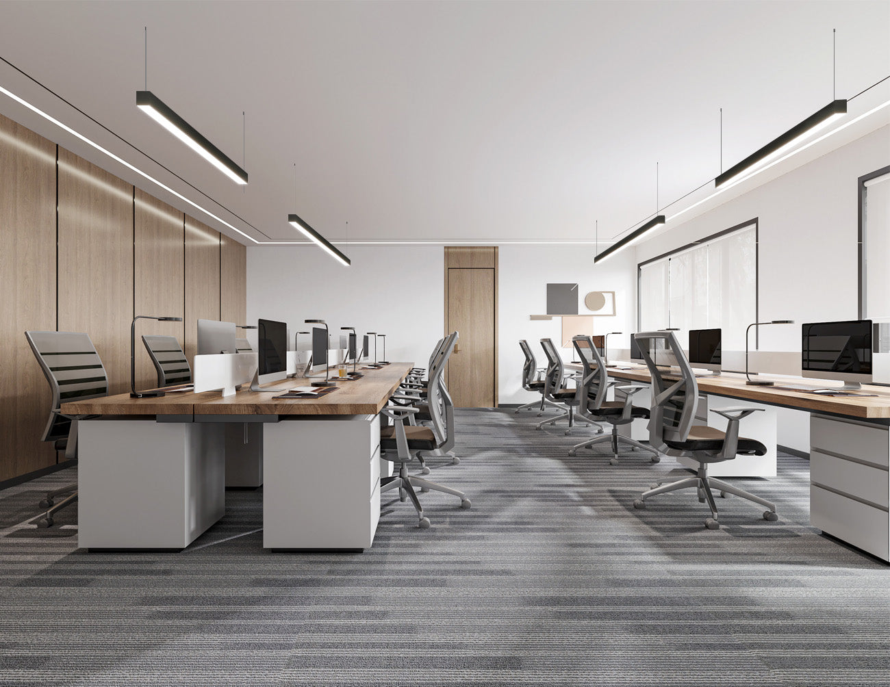 Suspended LED linear lights used in modern offices to provide soft and balanced lighting