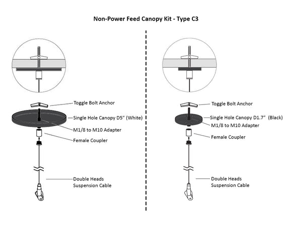 GL LED L8070 linear light fixture suspension canopy kit Type C3, with a suspension cable attached to a ceiling using a toggle bolt anchor through a black canopy.