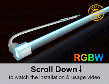 RGBW IP68 side bend swimming pool LED strip light with 24VDC input and chlorine-resistant flexible PVC housing for underwater linear lighting.