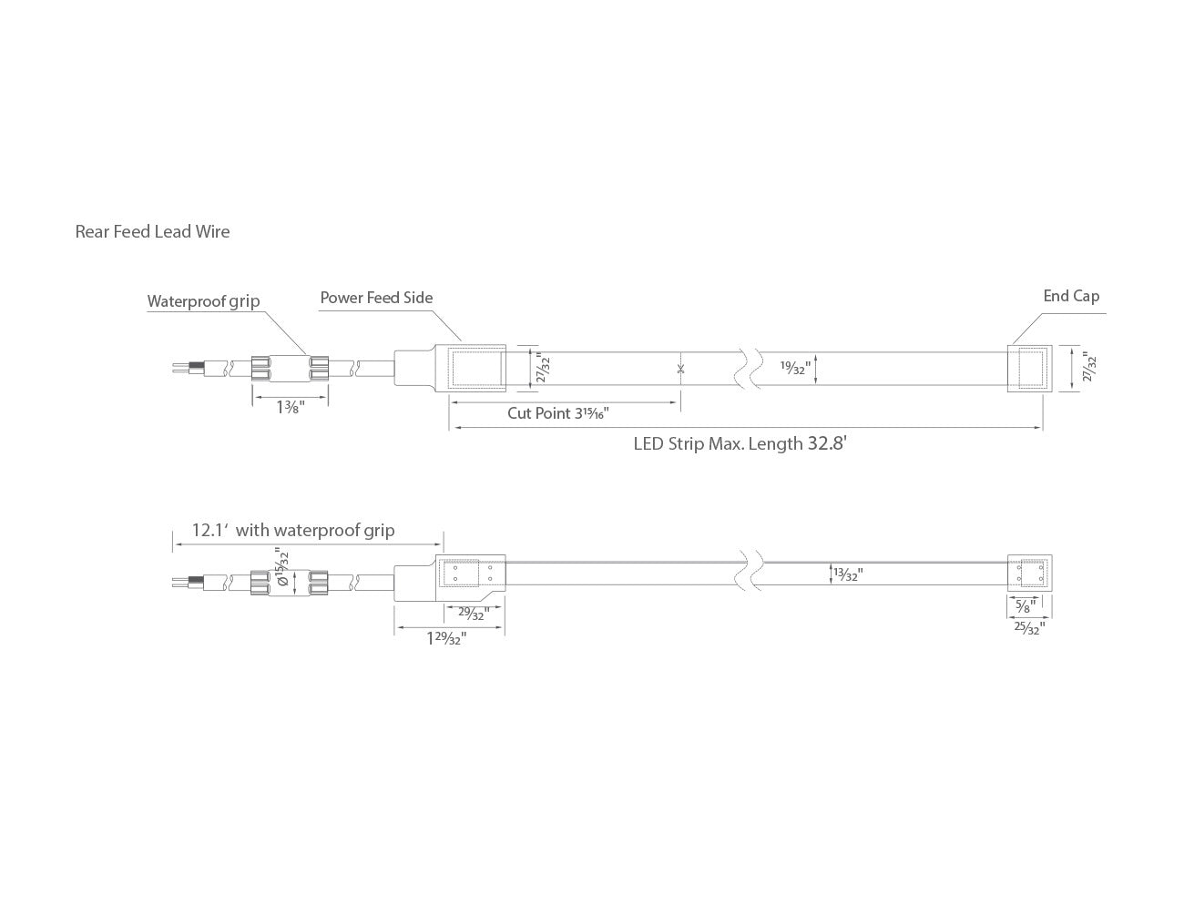 Dimensions for the waterproof SWIMMING POOL Series 24VDC low voltage dimmable LED strip lights.