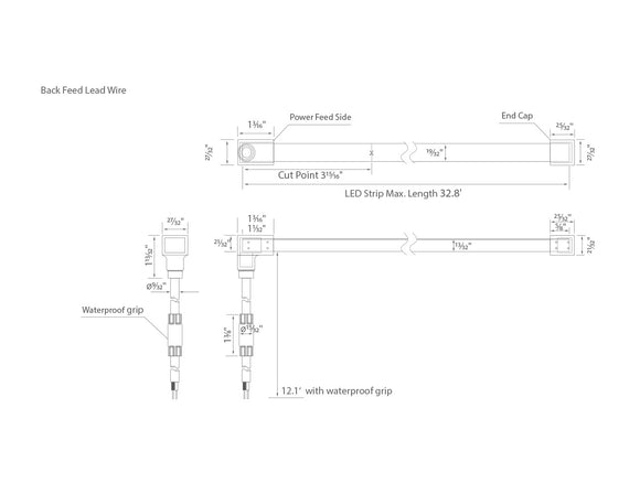 Dimensions for the waterproof SWIMMING POOL Series 24VDC low voltage dimmable LED strip lights.