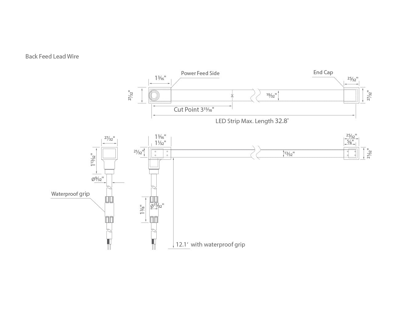 Dimensions for the waterproof SWIMMING POOL Series 24VDC low voltage dimmable LED strip lights.