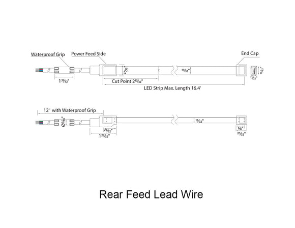 Dimensions for the waterproof SWIMMING POOL Series 24VDC low voltage dimmable RGB LED strip lights.