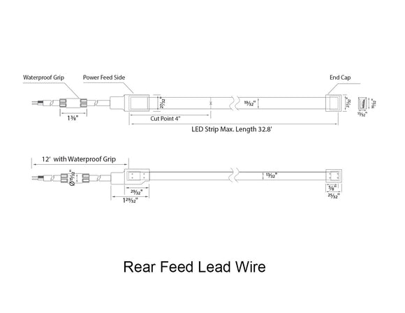 Dimensions for the waterproof SWIMMING POOL Series 24VDC low voltage dimmable LED strip lights.