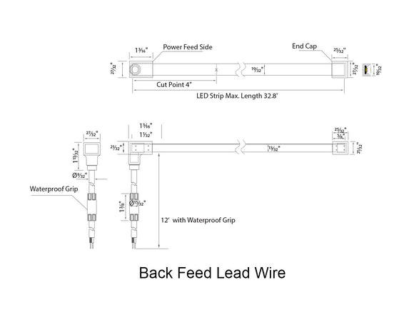 Dimensions for the waterproof SWIMMING POOL Series 24VDC low voltage dimmable LED strip lights.