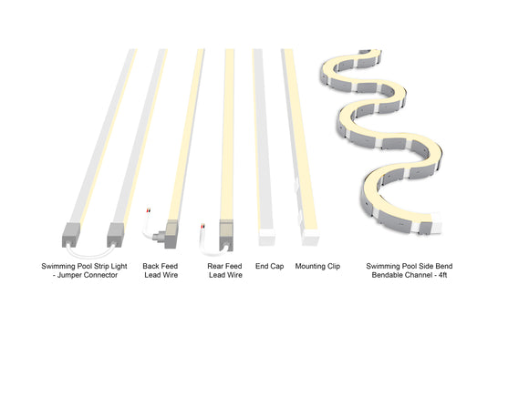 Accessories for RGB LED swimming pool strip light: jumper connector, lead wires, end cap, mounting clips, and aluminum channel.