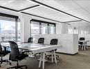 Suspended L8070 LED fixtures form a clean T-shaped lighting system to enhance office visual experience