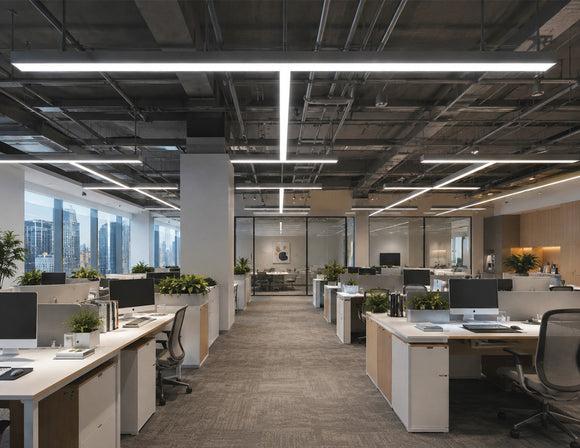 T Shape LED Linear Light creating a suspended architectural lighting system above workstations in a contemporary open-plan office by GL LED US LIGHTING.