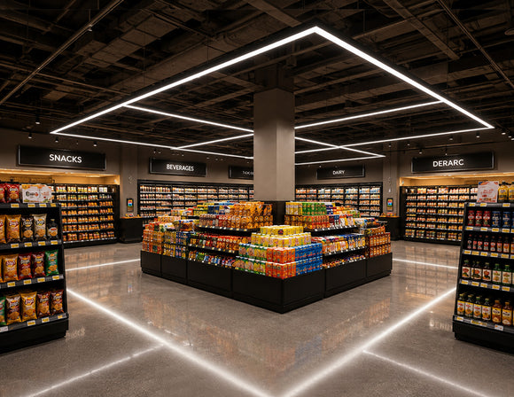 GL LED US LIGHTING T Shape LED Linear Light creating suspended geometric lighting above product displays in a modern retail store.