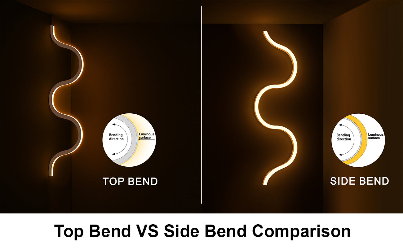 A comparison image displaying the installation effect of two differently bent neon lights on a wall.