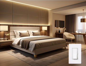 Triac Dimmer Switch with Wallplate, 120V 600W 60Hz, installed in the bedroom to control lighting levels for a cozy and adjustable ambiance.