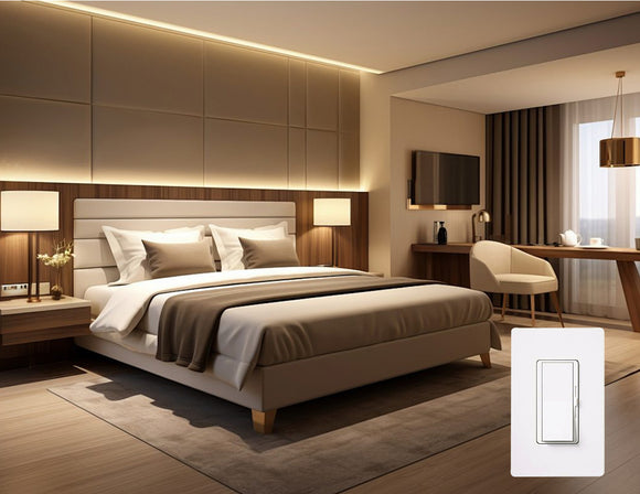 Triac Dimmer Switch with Wallplate, 120V 600W 60Hz, installed in the bedroom to control lighting levels for a cozy and adjustable ambiance.