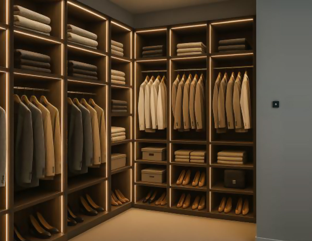 Installed in wardrobes, the LED RF Wireless Touch Dimmer provides seamless, customizable lighting. A simple touch instantly turns the light on or off, while holding adjusts brightness to the desired level.