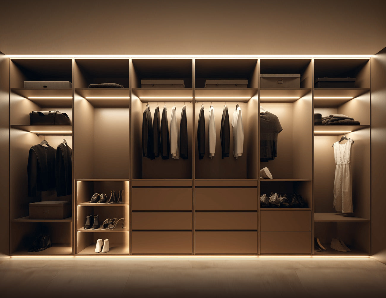 The Undercabinet Light – Infinite Cutting, Plug-and-Play Design allows easy, solder-free installation behind wardrobe doors. Its cuttable LED strips and optional sensor controls provide precise, seamless lighting for every cabinet interior.