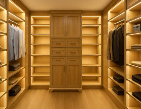 Powered by the LDR Series constant voltage driver, the embedded LED strip lights inside the wardrobe deliver bright, even lighting—making every corner clearly visible.