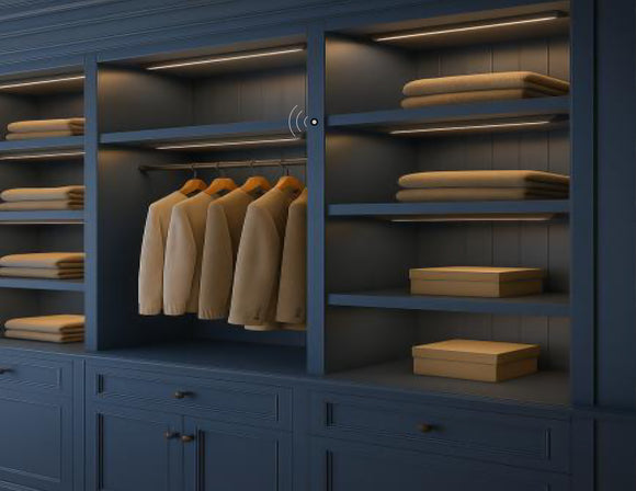 Equipped with a PIR motion sensor, the Undercabinet Light – PIR Motion Sensor – Wired ensures the wardrobe interior is always well-lit when in use and conserves energy by turning off automatically after inactivity.