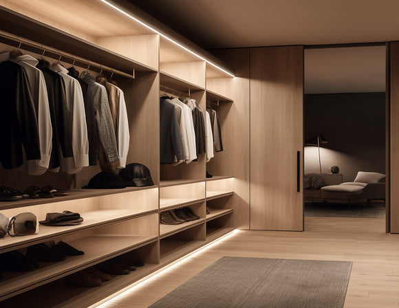 The Undercabinet Light – Infinite Cutting, Plug-and-Play Design installs easily in open wardrobes without doors. Cuttable LED strips and plug-and-play connectors provide seamless, even lighting across shelves and hanging areas.