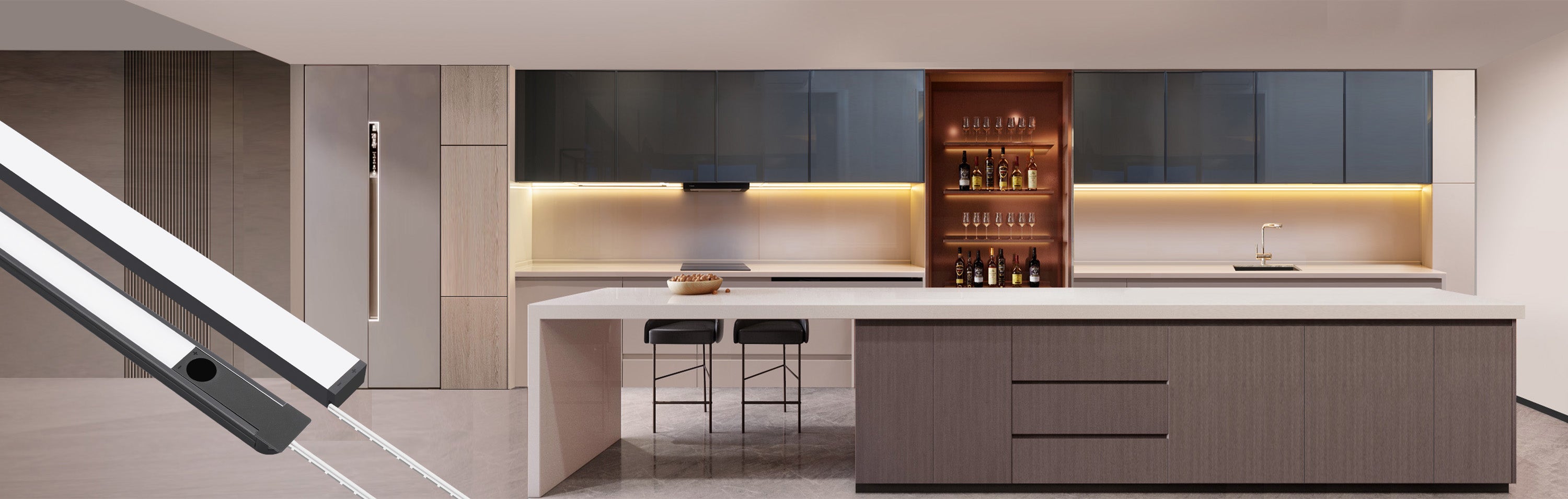 Undercabinet Lighting System installed in modern kitchen cabinets with linear LED lighting for countertop illumination