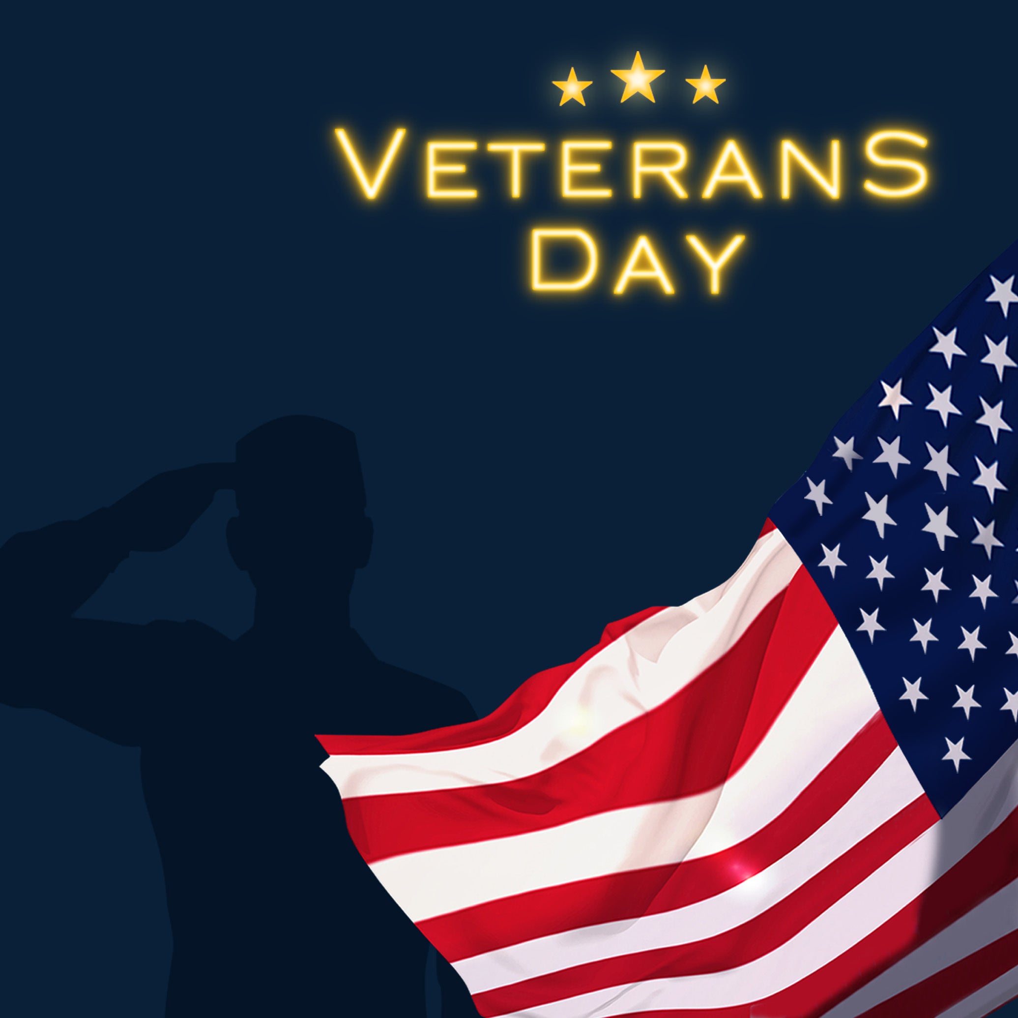 An image displaying "Happy Veterans Day" accompanied by the American flag expresses GL LED US LIGHTING's gratitude for veterans' services.
