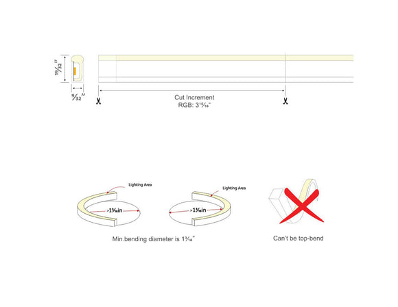 The dimensions of the WINT side bend neon LED lights.