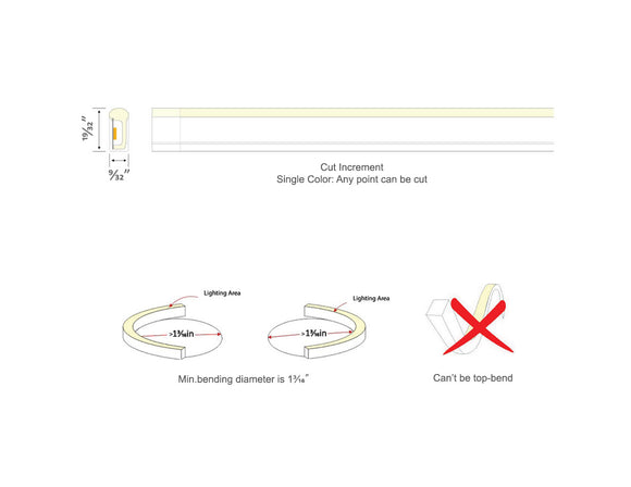 The dimensions of the WINT side bend neon LED lights.