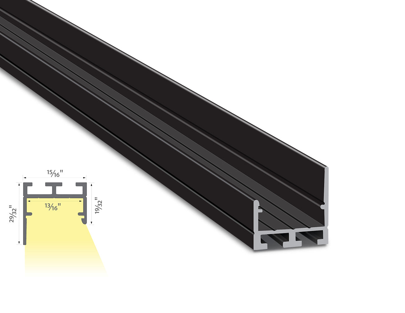 Top view of aluminum channel ES-2321. ES-2321 is a rectangular shaped channel made of anodized extruded aluminum without a diffuser and has an unsymmetrical on both sides. There are two grooves at the bottom of the channel.