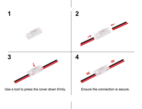 Step-by-step installation of transparent quick wire connector for LED strip lights