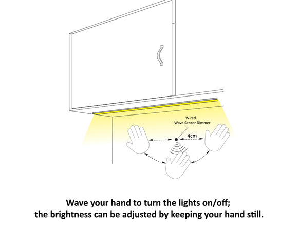Wave sensor dimmer installed under cabinet, perfect for kitchens, wardrobes, and display cabinets.