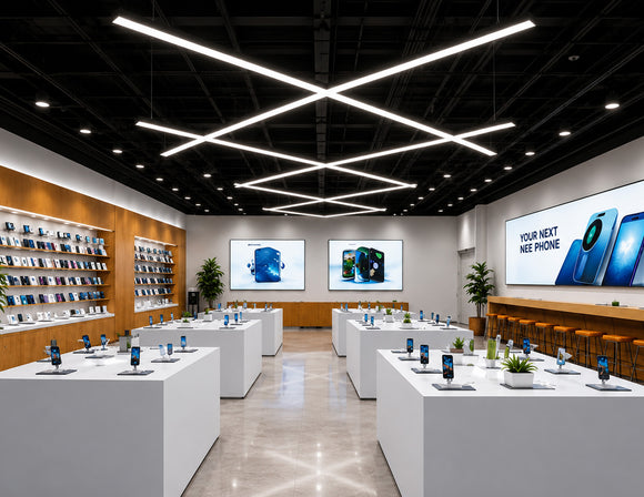 GL LED US LIGHTING X Shape LED Linear Light creating suspended geometric lighting above product displays in a modern electronics retail store.
