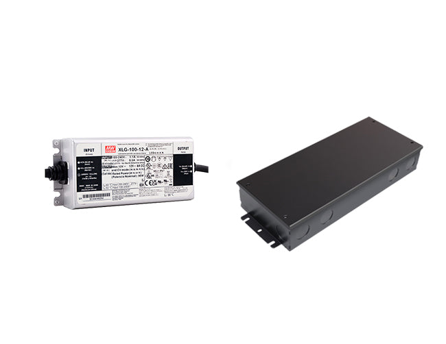 Mean Well 100W 12VDC LED driver with a black junction box.