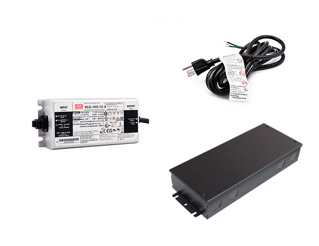 A Mean Well 100W 12VDC LED power supply with black junction box and three-prong power cord.