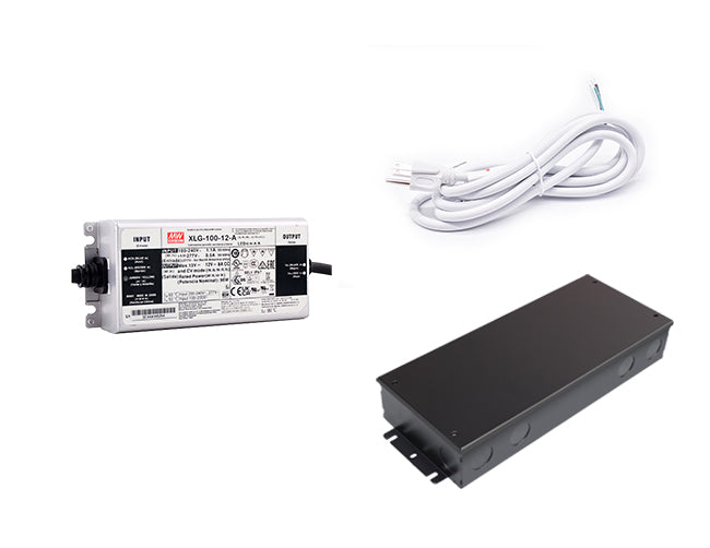 100W 12VDC LED Mean Well power supply with a black junction box and white three-prong line voltage power cord.