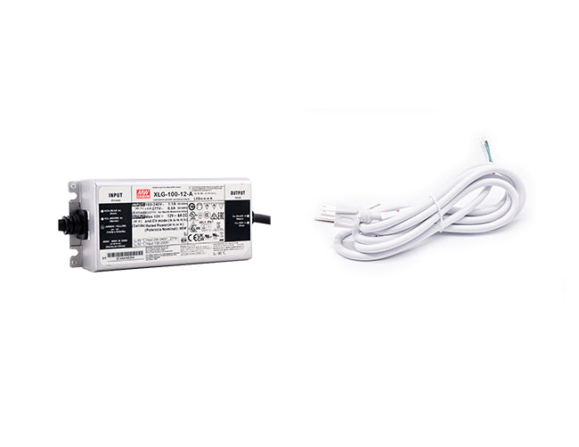 Mean Well LED 100W 12VDC transformer with a white three-prong power cord.