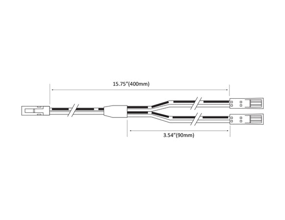 24V LED cabinet light Y-splitter cable with two output connectors and dimensions