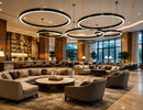 Architectural Circle Linear Light illuminating a modern hotel lobby with suspended circular LED fixtures, creating elegant ambient lighting for commercial hospitality interiors by GL LED US LIGHTING.