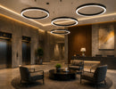 Architectural Circle Linear Light suspended in a luxury hotel lobby reception, providing elegant architectural LED lighting for commercial hospitality and reception spaces by GL LED US LIGHTING.