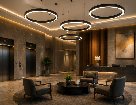 Architectural Circle Linear Light suspended in a luxury hotel lobby reception, providing elegant architectural LED lighting for commercial hospitality and reception spaces by GL LED US LIGHTING.