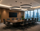 Architectural Circle Linear Light suspended above a modern conference room table, providing uniform architectural LED lighting for commercial office and executive boardroom applications by GL LED US LIGHTING.