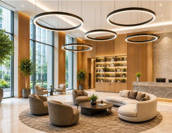 Architectural Circle Linear Light suspended throughout a modern hotel lobby, creating elegant architectural LED lighting for commercial reception and hospitality interiors by GL LED US LIGHTING.